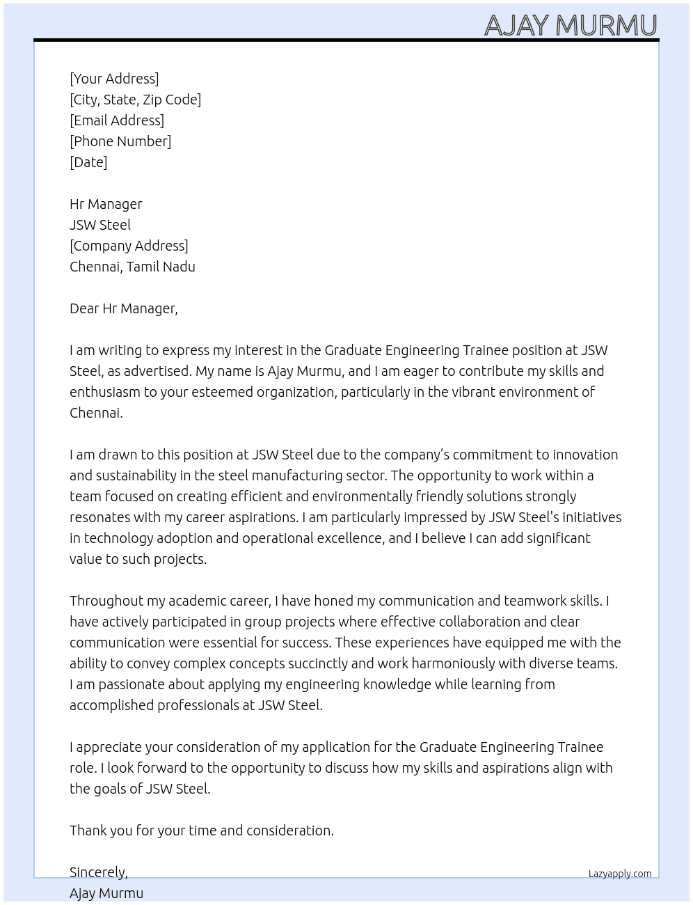 Graduate Engineering Trainee  At JSW Steel  Cover Letter