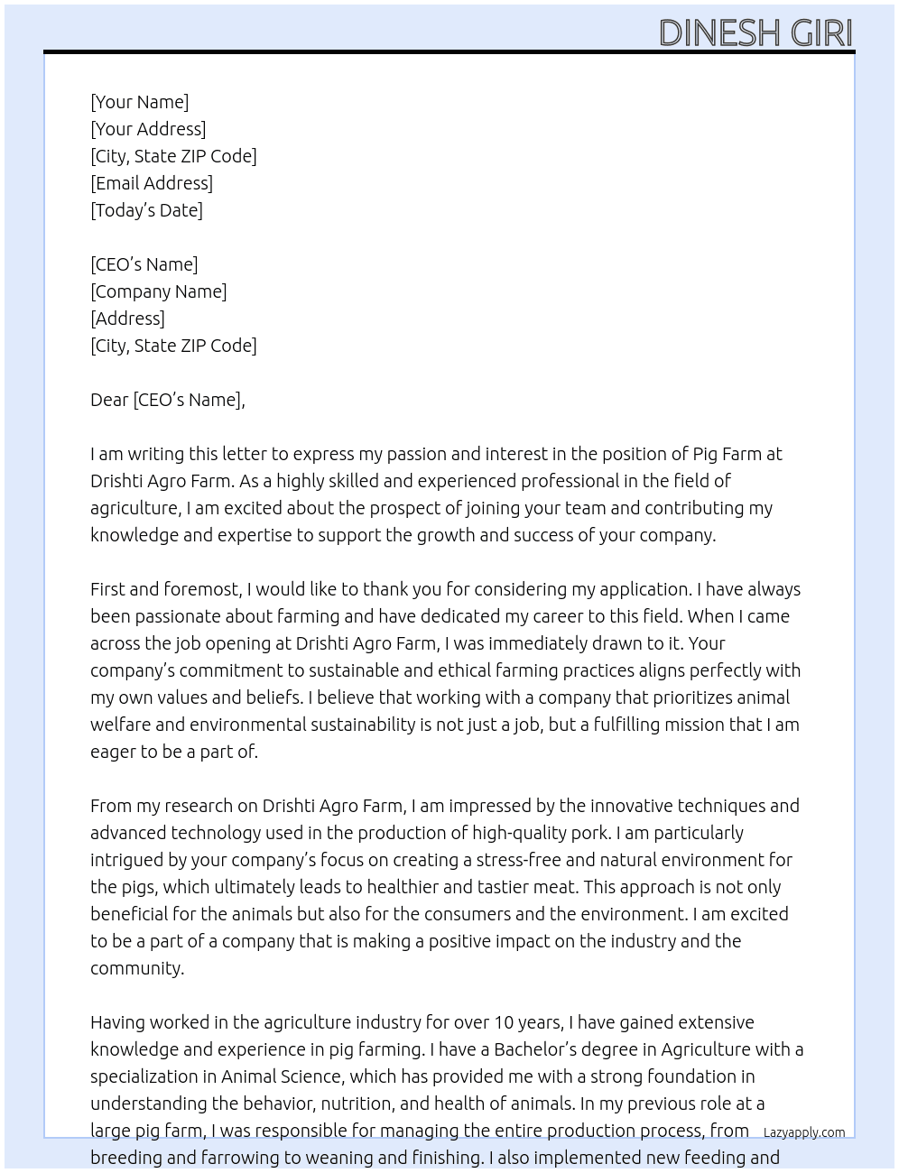 Pig farm At Drishti agro farm Cover Letter