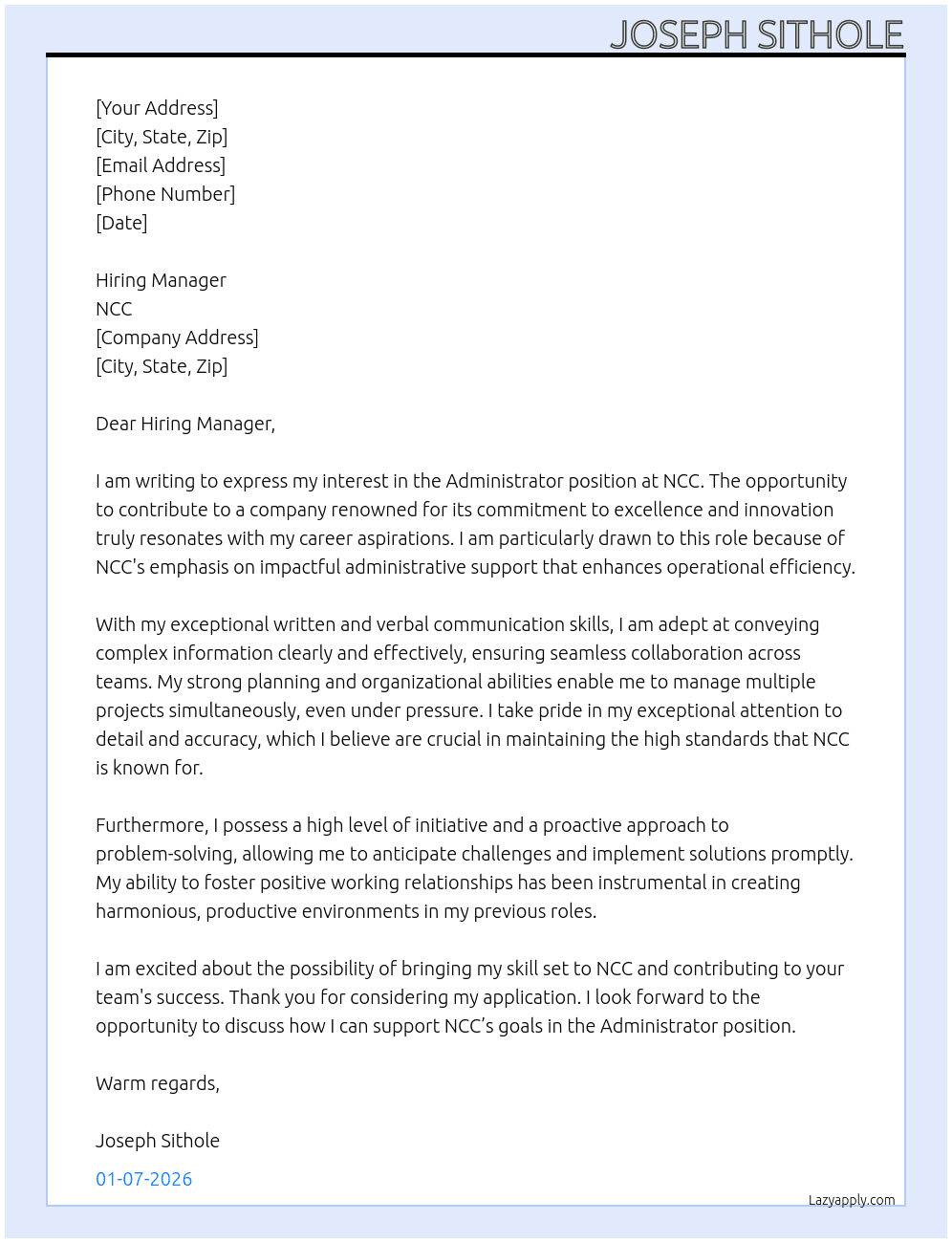 Administrator At NCC Cover Letter
