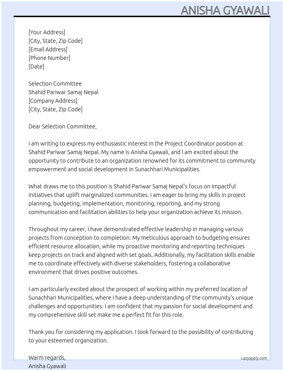 Project coordinator At Shahid Pariwar Samaj Nepal Cover Letter