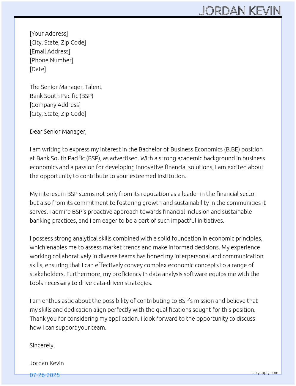 Bachelor of Business Economics (B.BE) At Bank South Pacific (BSP) Cover Letter