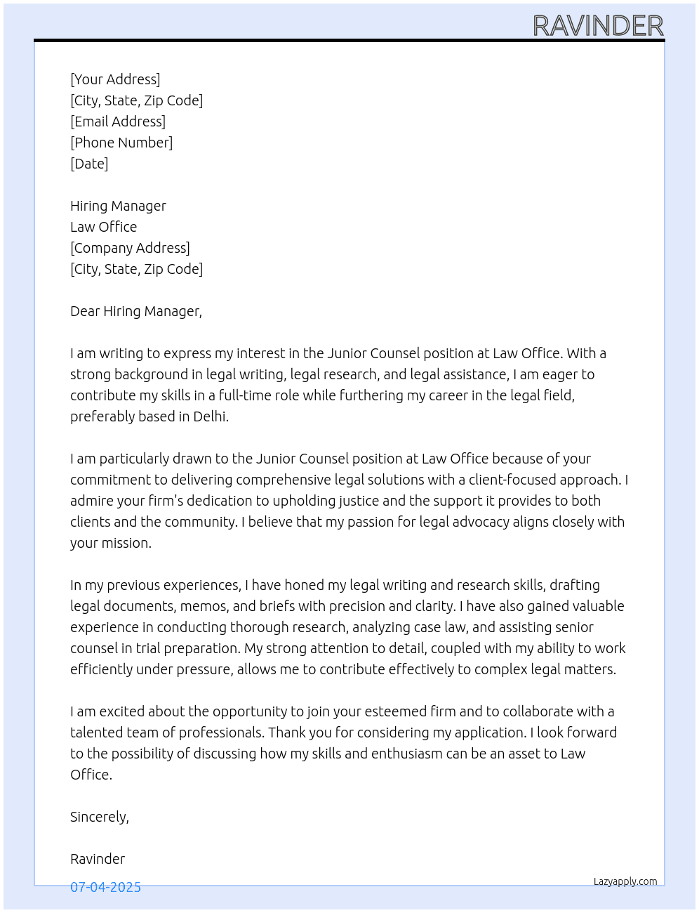 junior counsel At law office Cover Letter