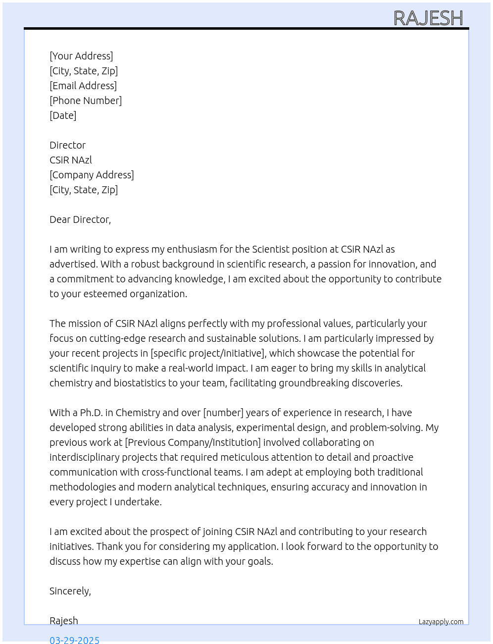 Cover letter for apply for the scientist - LazyApply