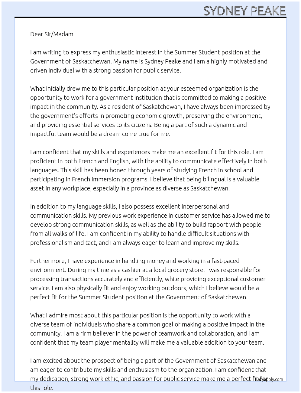 Summer Student At Government of Saskatchewan Cover Letter