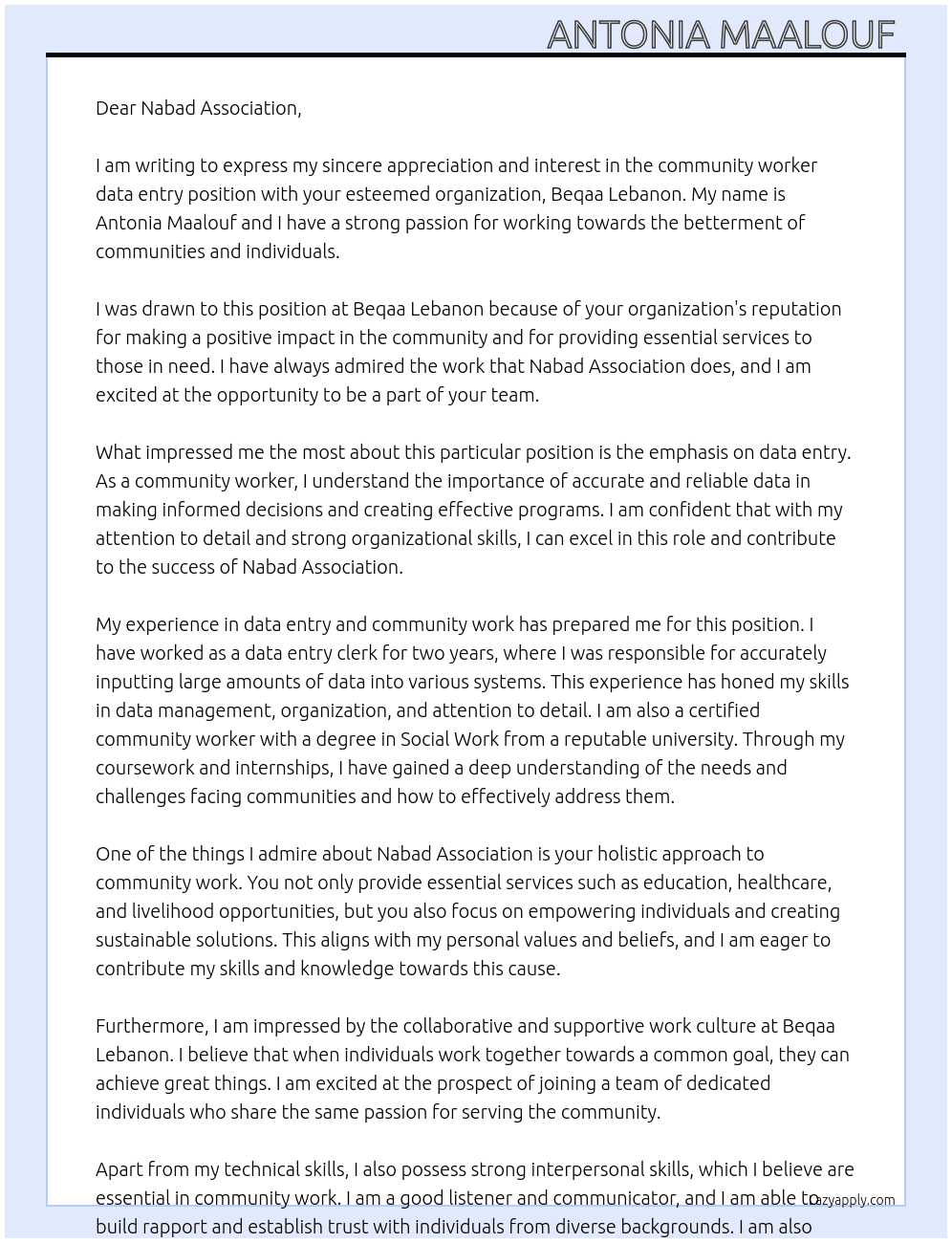 Cover letter for community workers data entry - LazyApply
