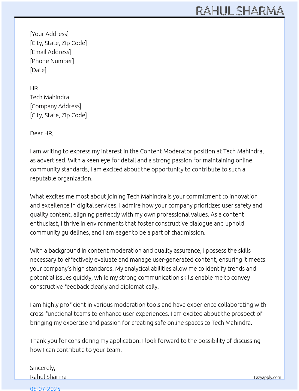 Content moderator At Tech mahindra Cover Letter
