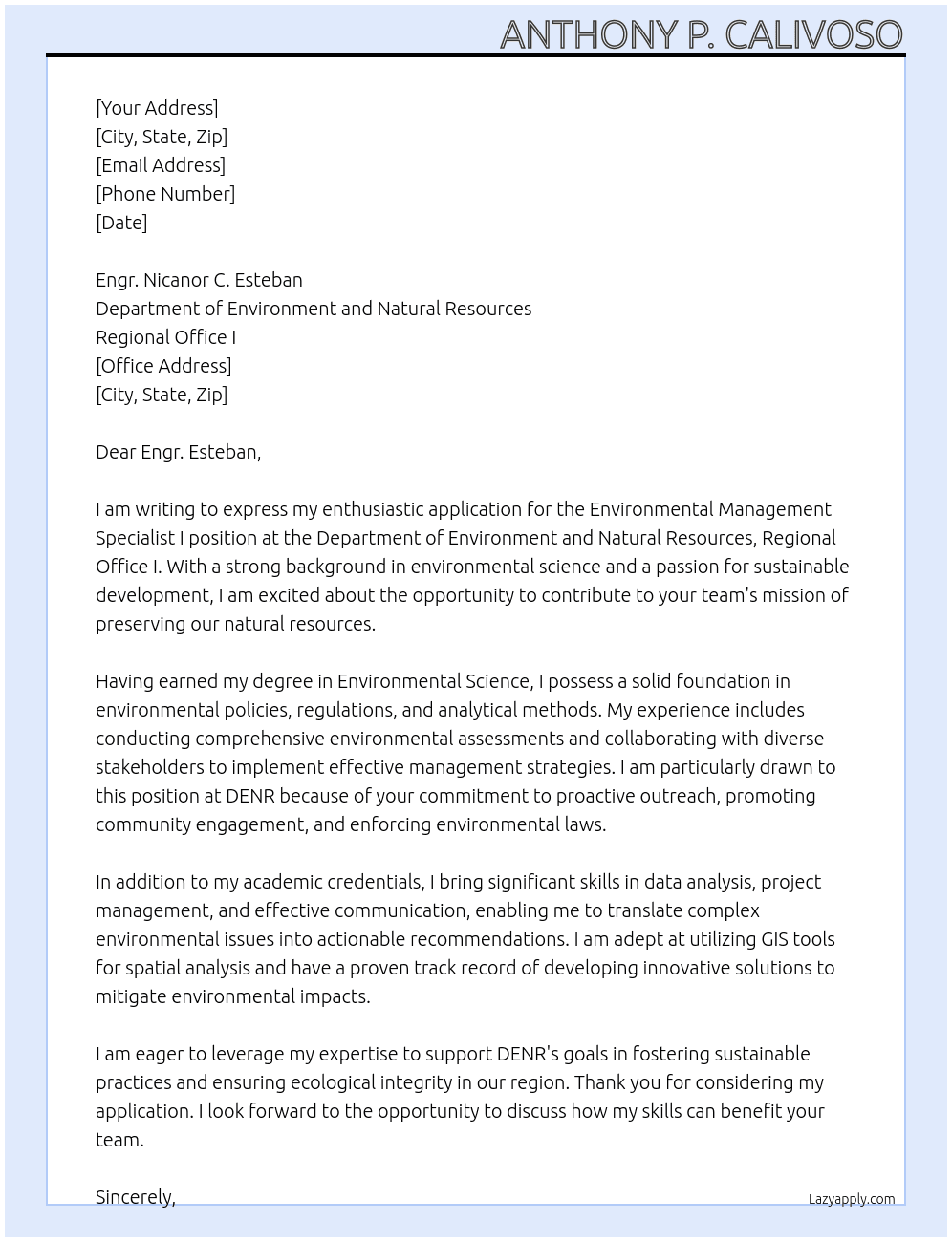environmental management specialist I At Department of Environment and Natural Resources, Regional Office I Cover Letter