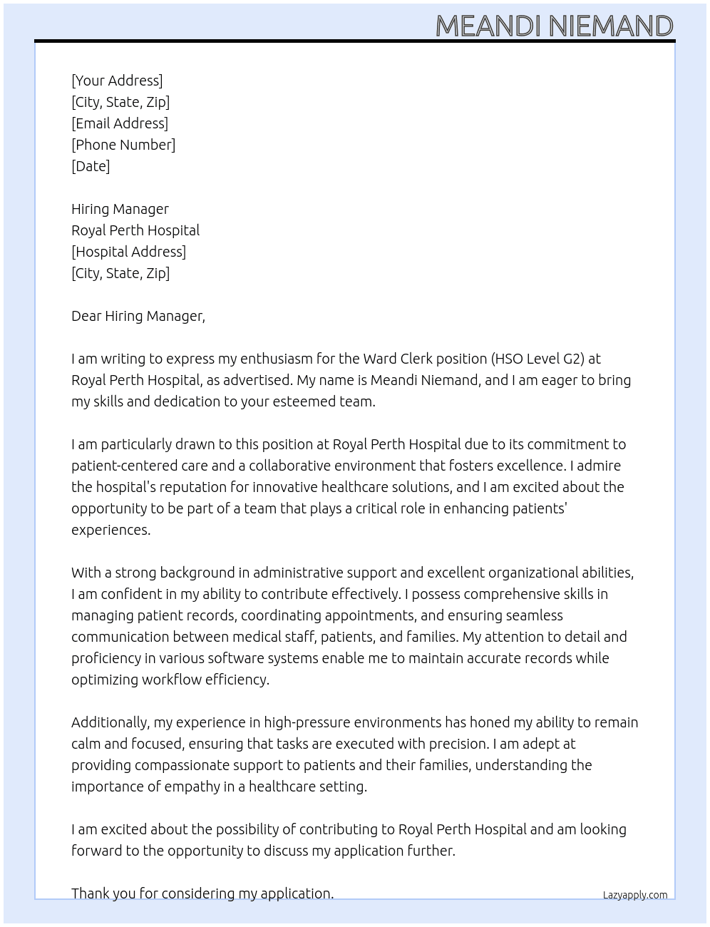 Ward Clerk HSO Level G2 At Royal Perth Hospital Cover Letter