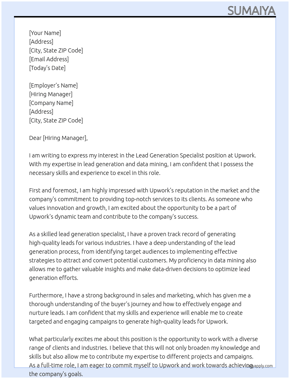 Lead Generation specialist At upwork Cover Letter
