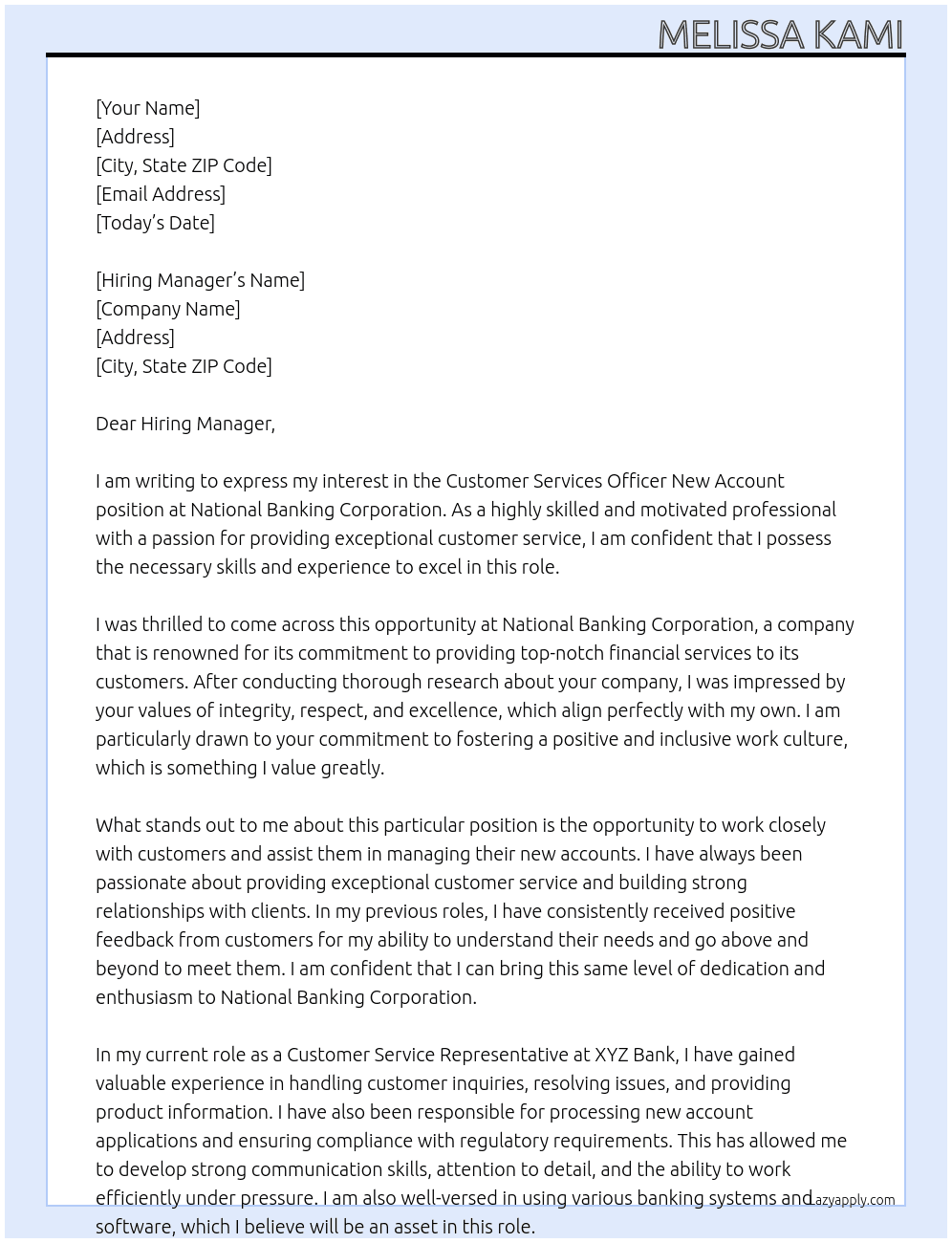 Customer Services Officer New Account  At National Banking Corporation  Cover Letter