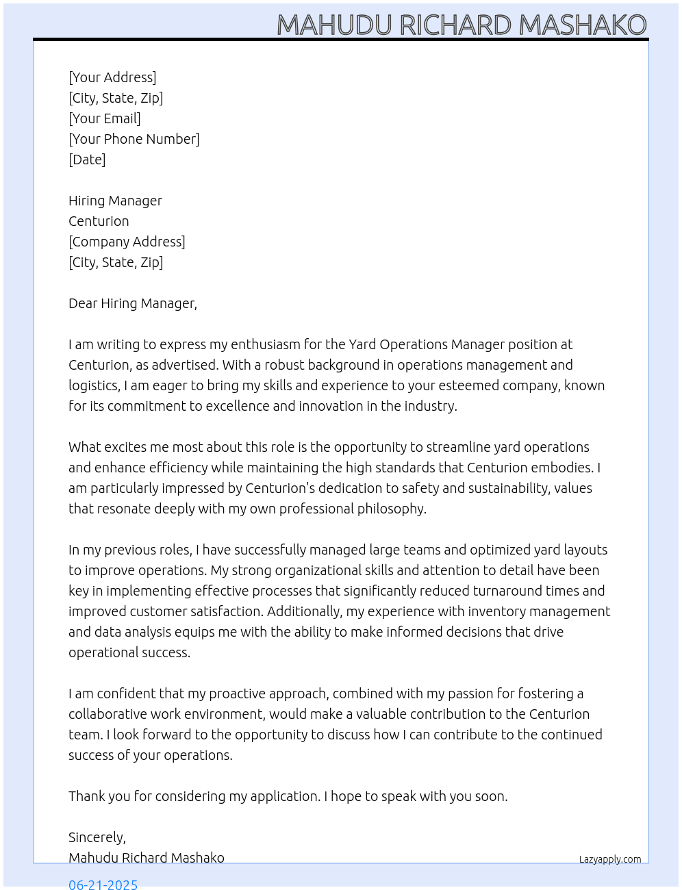 Yard Operations Manager At centurion Cover Letter