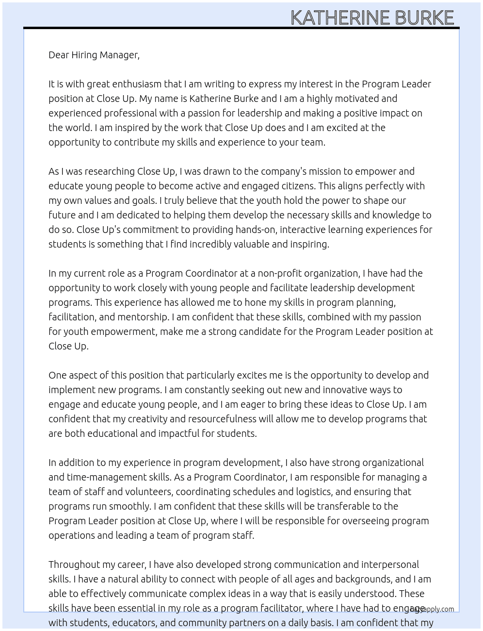Program Leader At Close Up  Cover Letter