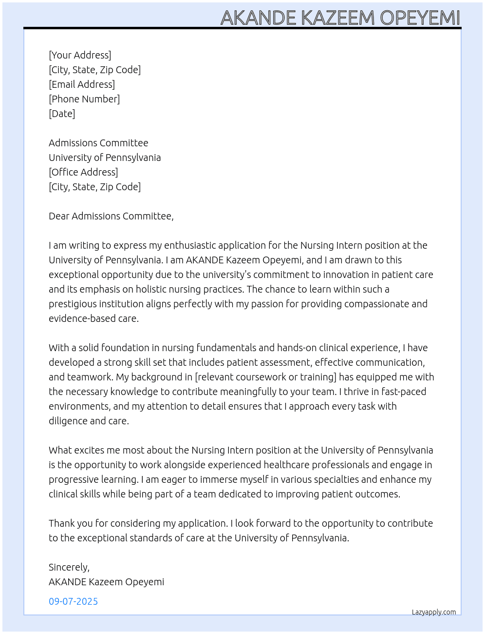 Nursing Intern At University of Pennsylvania Cover Letter