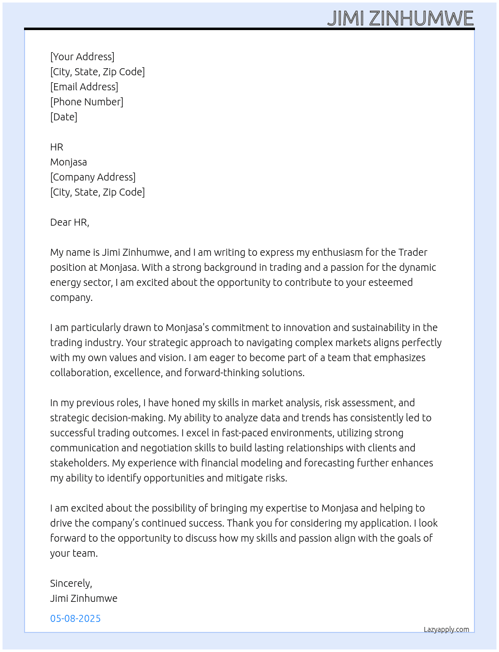 Trader At Monjasa  Cover Letter
