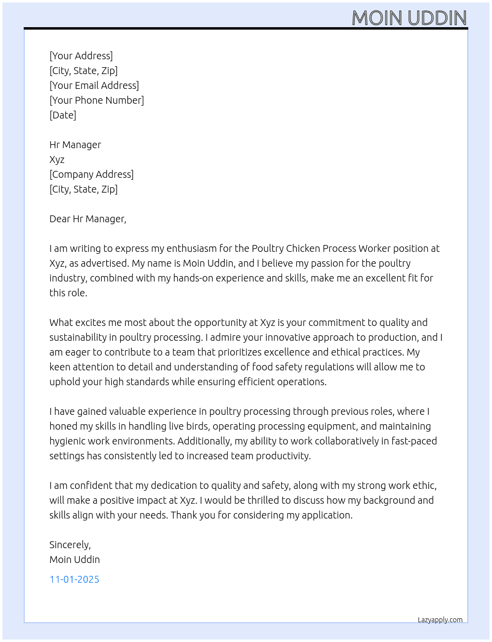 Poultry chicken process worker  At Xyz Cover Letter
