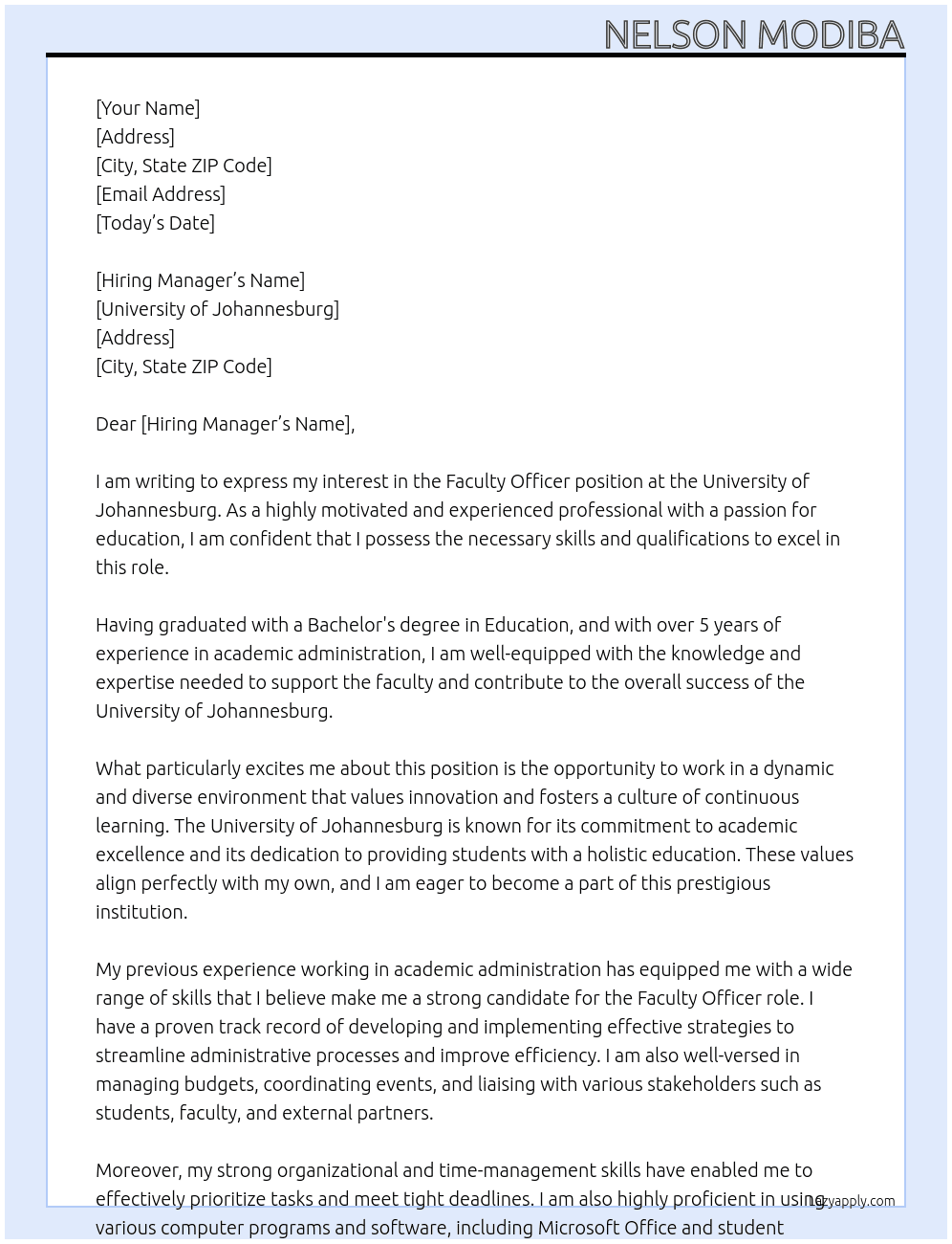 Faculty Officer At University of Johannesburg Cover Letter