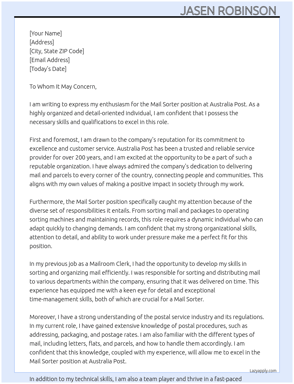 Mail Sorter At Australia Post Cover Letter
