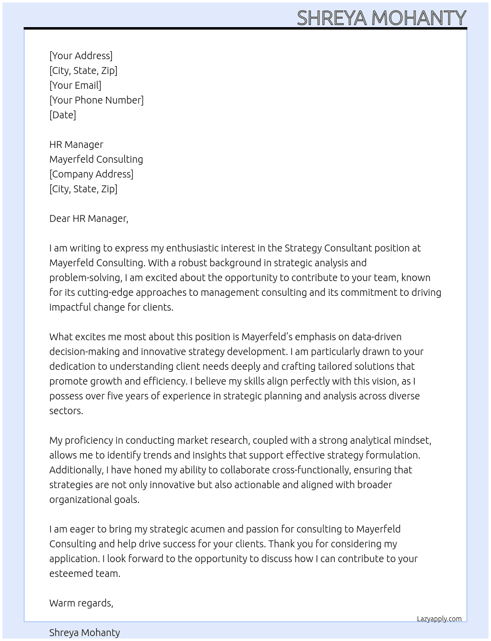 strategy Consultant At Mayerfeld Consulting Cover Letter