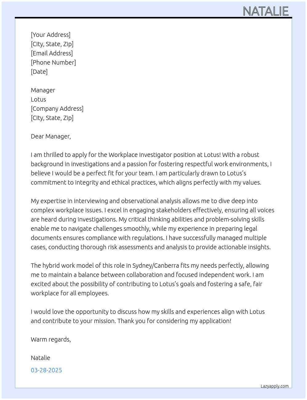 Workplace investigator  At Lotus  Cover Letter