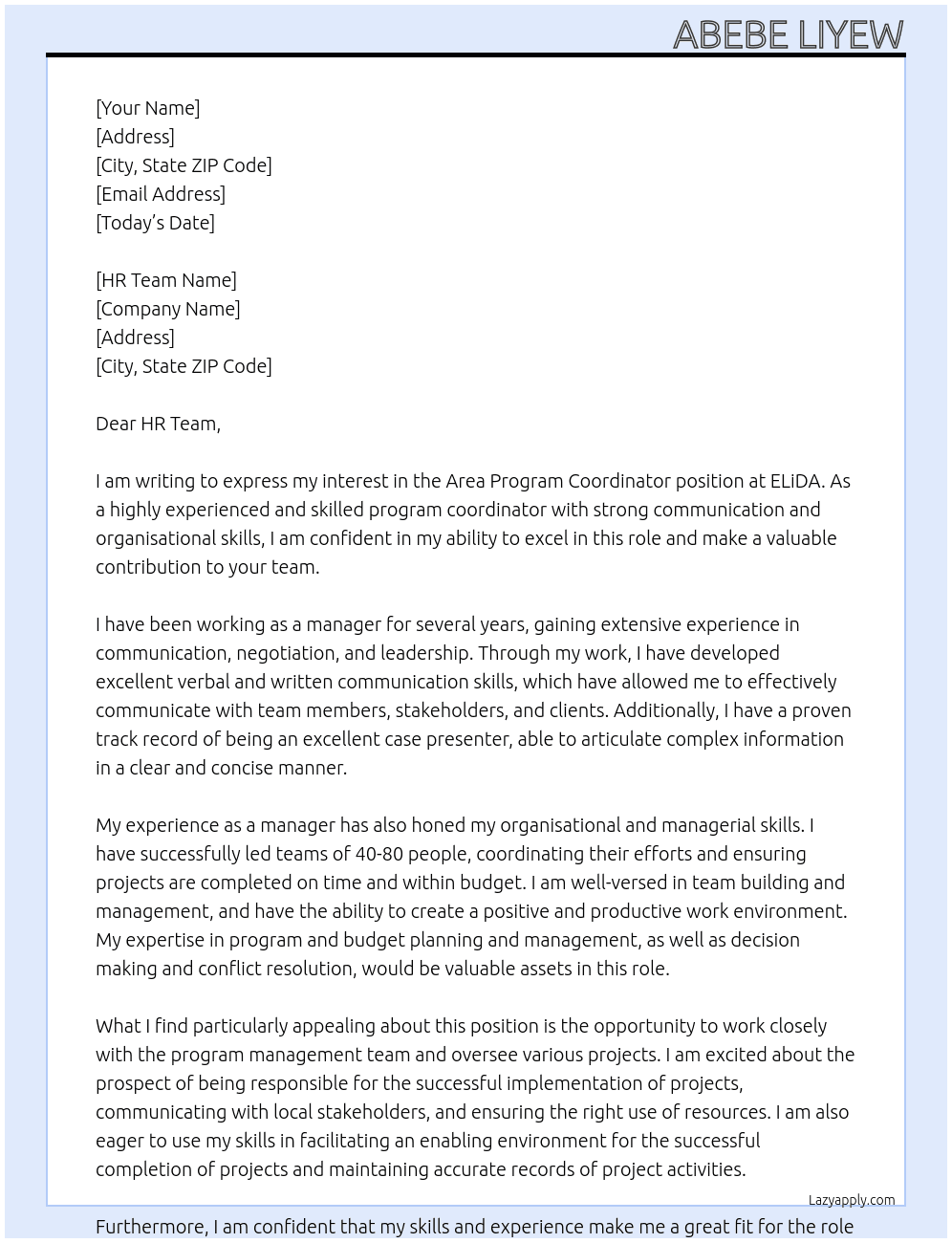 Area program Coordinator At ELiDA Cover Letter