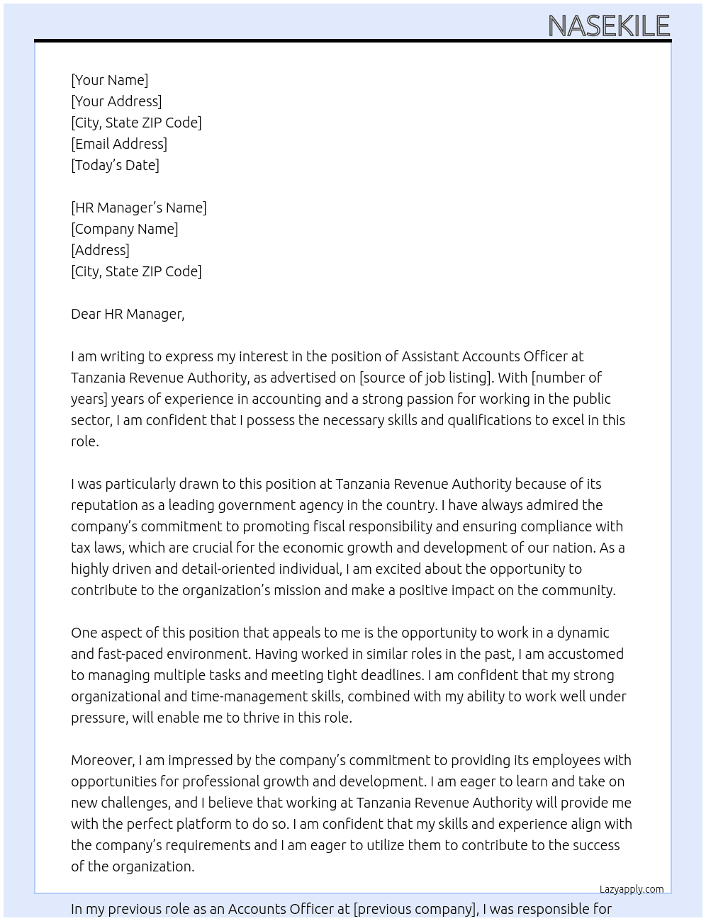 Cover letter for assistant accounts officer - LazyApply