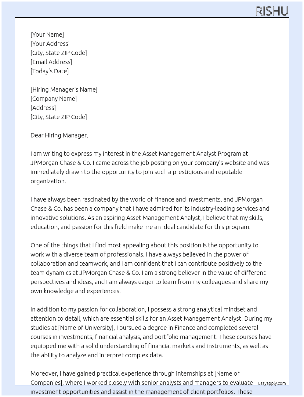 Cover letter for asset management analyst program - LazyApply