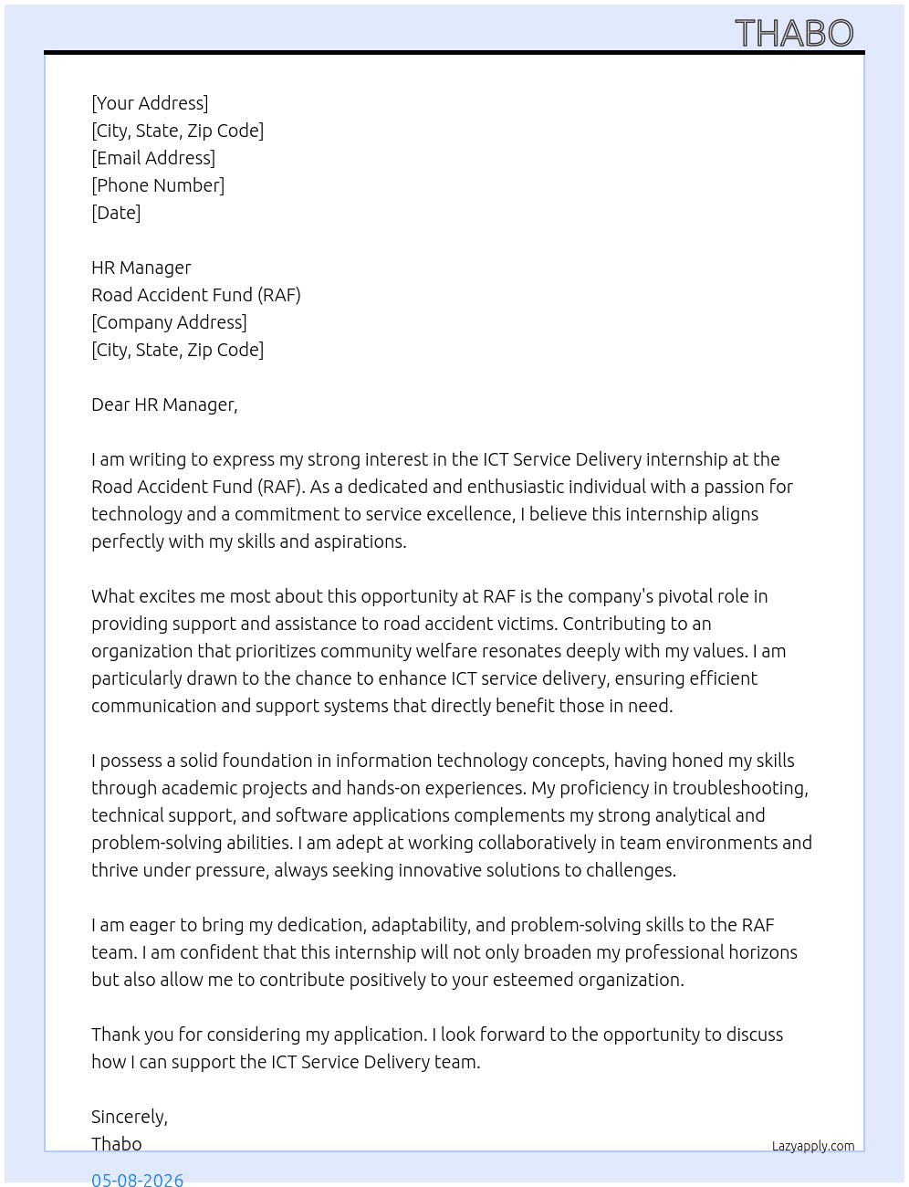 Cover letter for ict service delivery internship - LazyApply