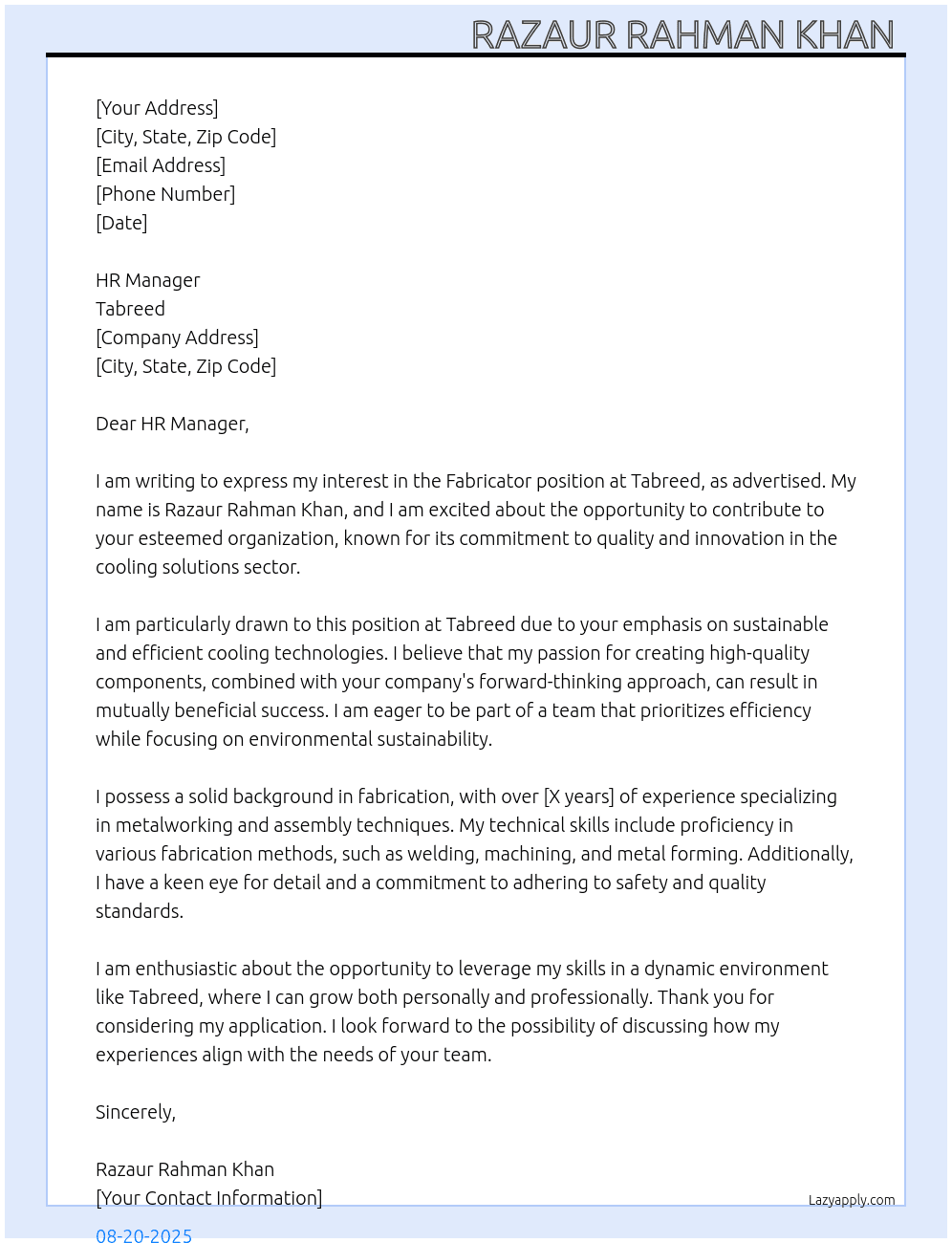 Cover letter for fabricator - LazyApply