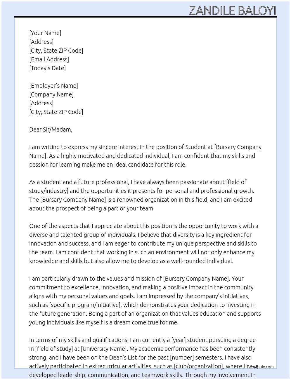 Student At Bursary Cover Letter