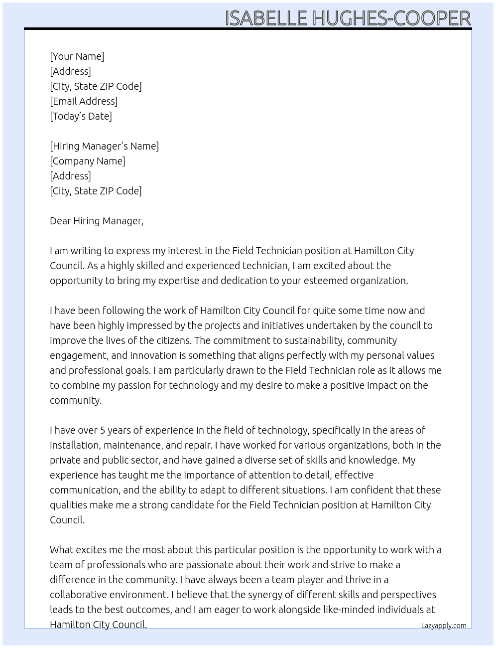Field Technician At Hamilton City Council Cover Letter