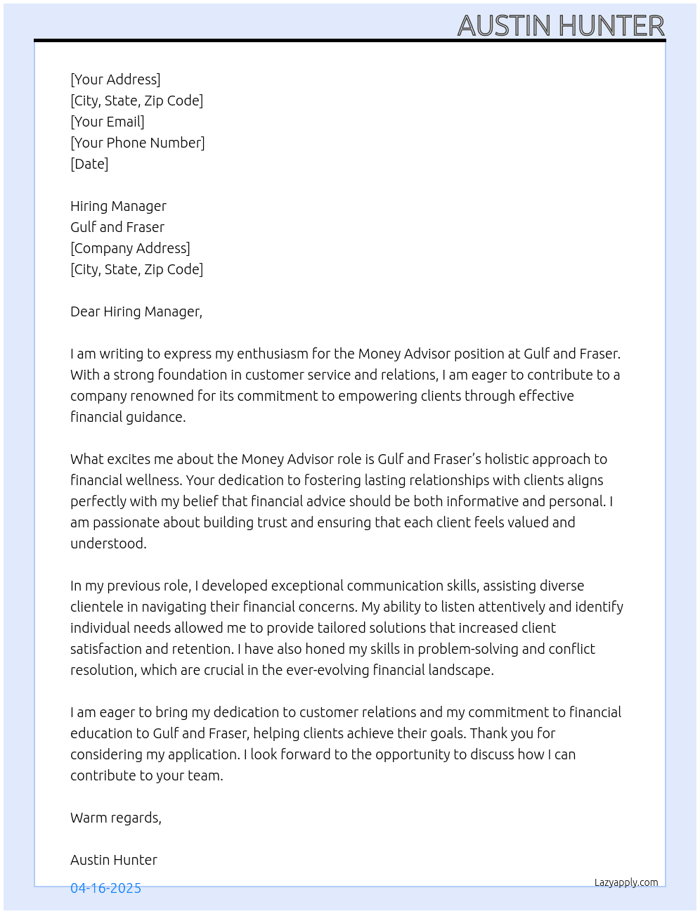 Money Advisor At Gulf and Fraser  Cover Letter