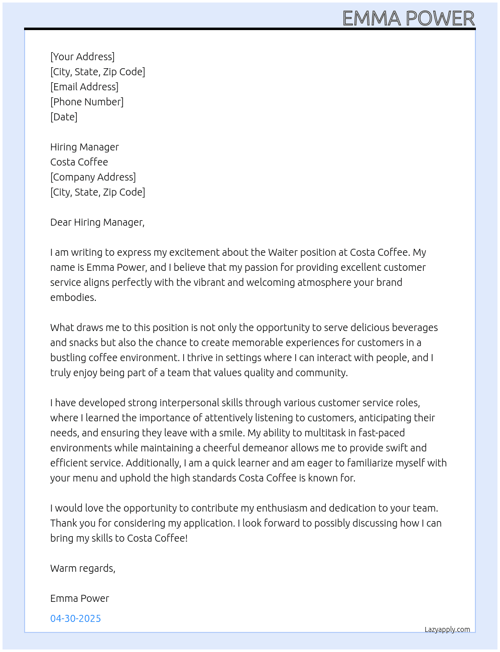 Waiter At Costa Coffee  Cover Letter