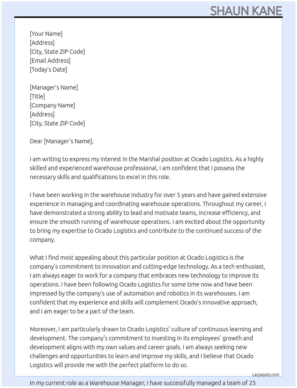 Marshal  At Ocado Logistics  Cover Letter