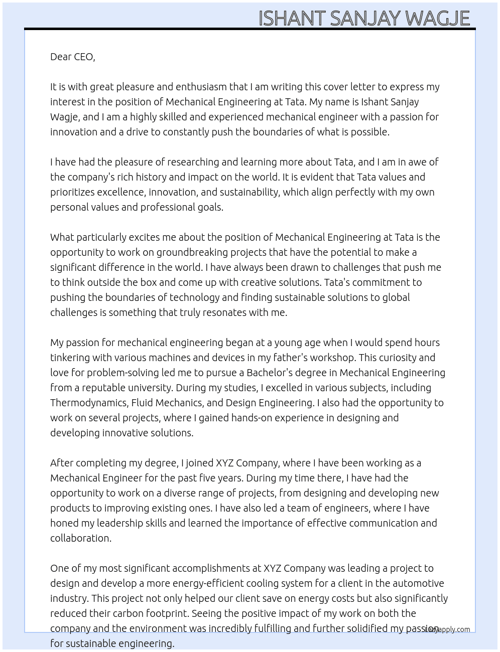 Mechanical engineering  At Tata  Cover Letter