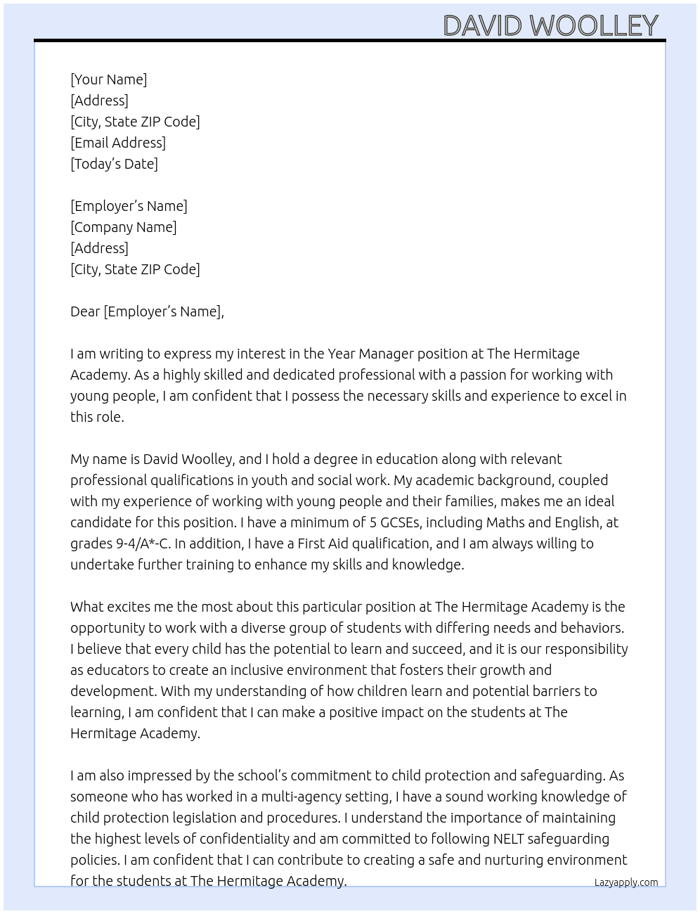 Year Manager At The Hermitage academy  Cover Letter