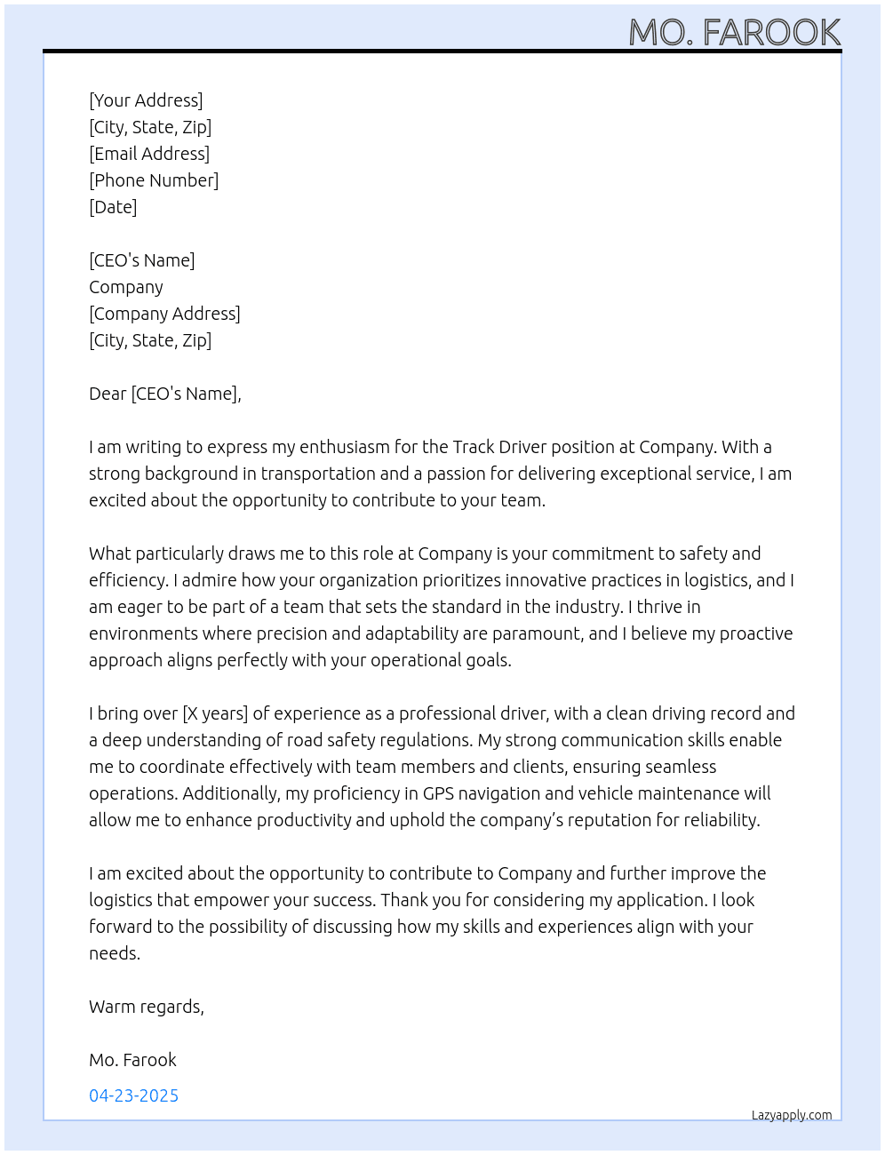 Cover letter for track driver - LazyApply