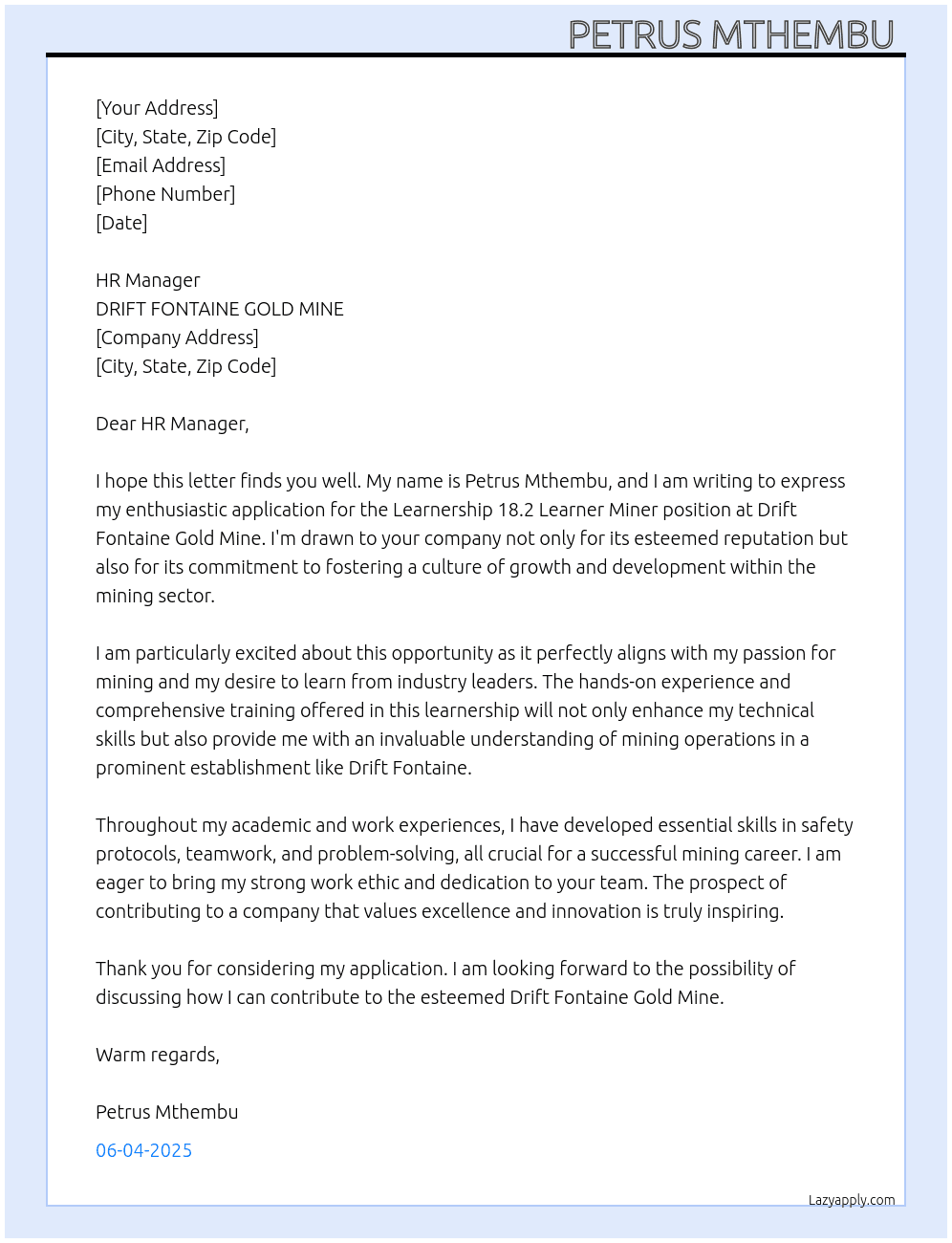 Cover letter for learnership 18.2 learner miner - LazyApply