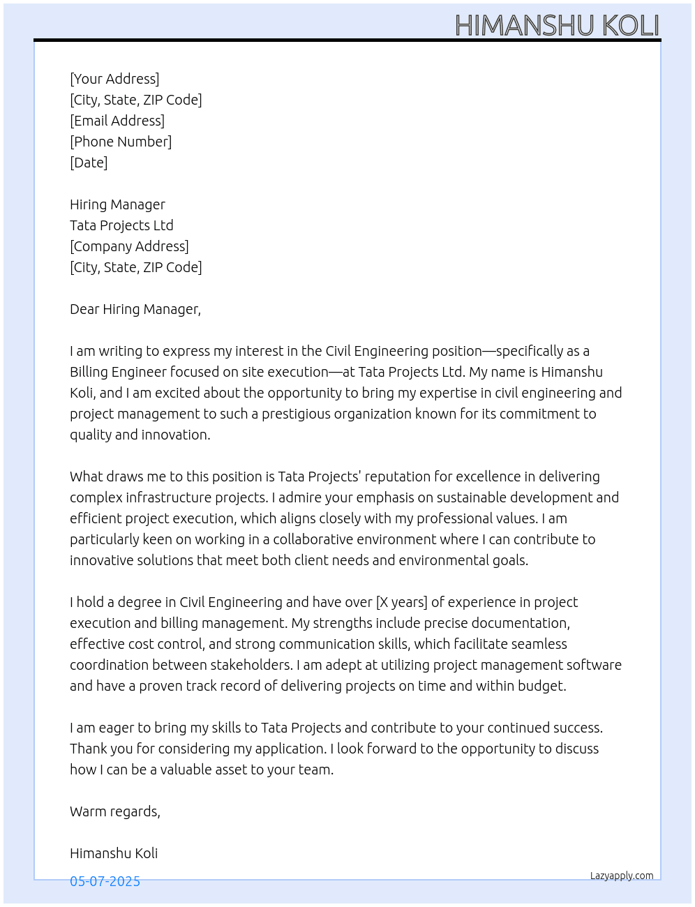 Cover letter for civil engineering, billing engineer, site excution - LazyApply