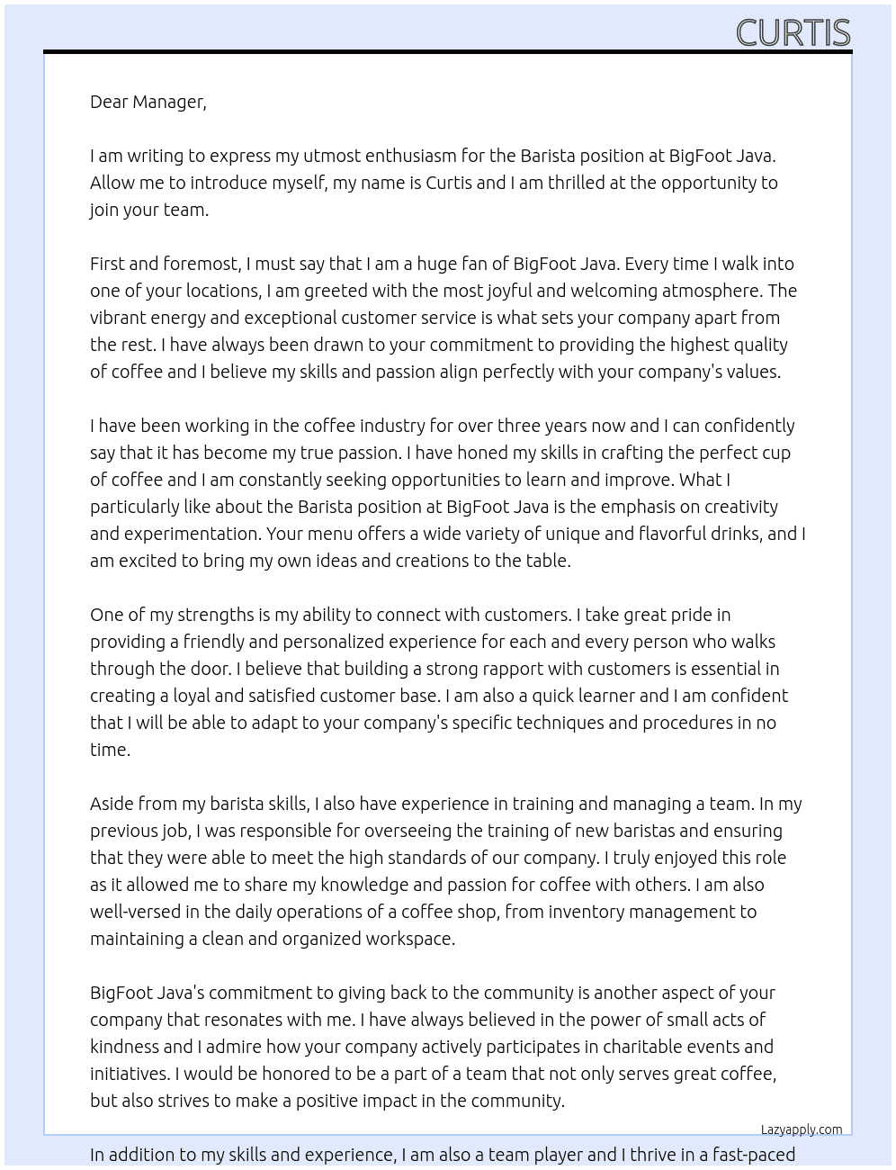 Barista At BigFoot Java Cover Letter