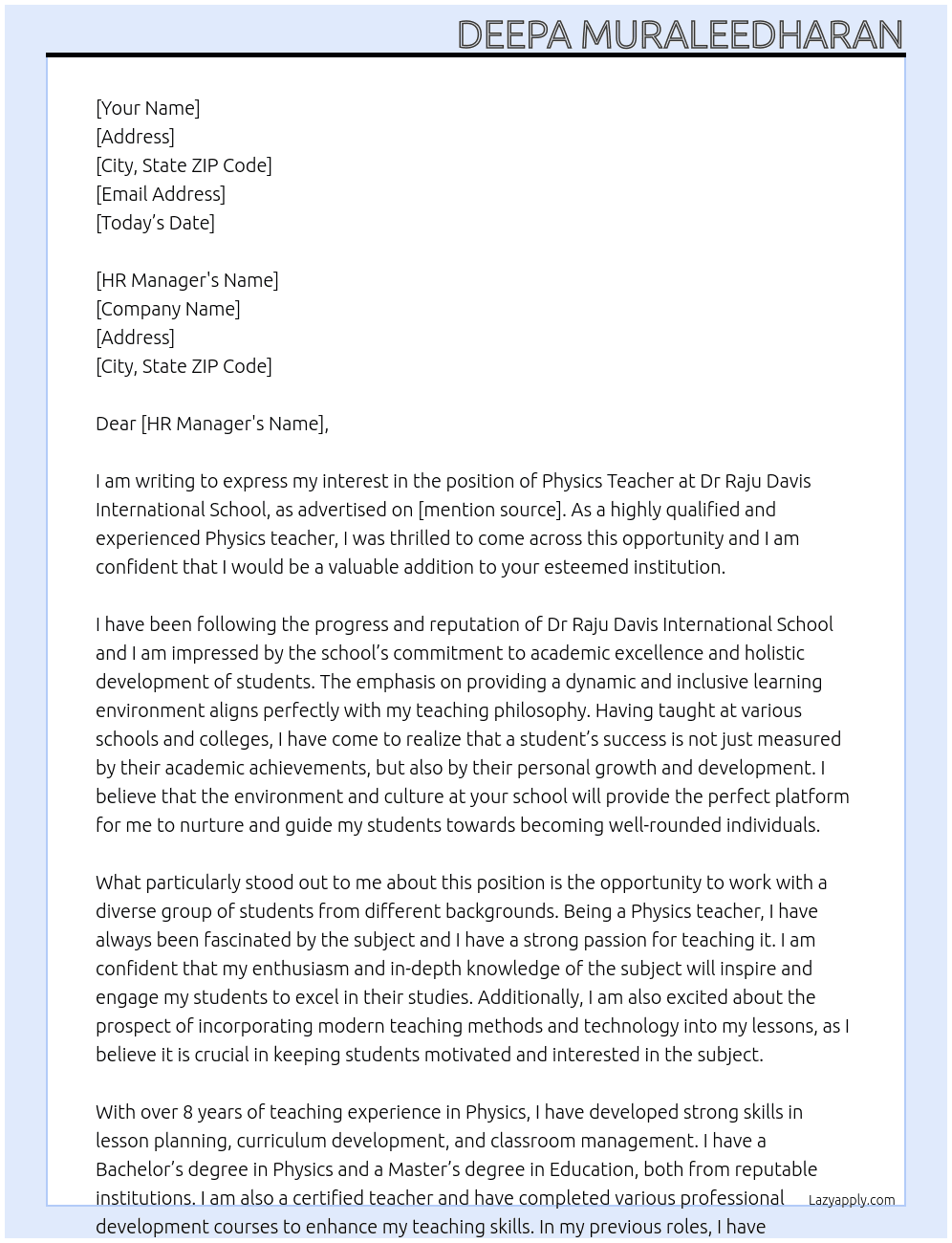 Physics Teacher At Dr Raju davis International school Cover Letter