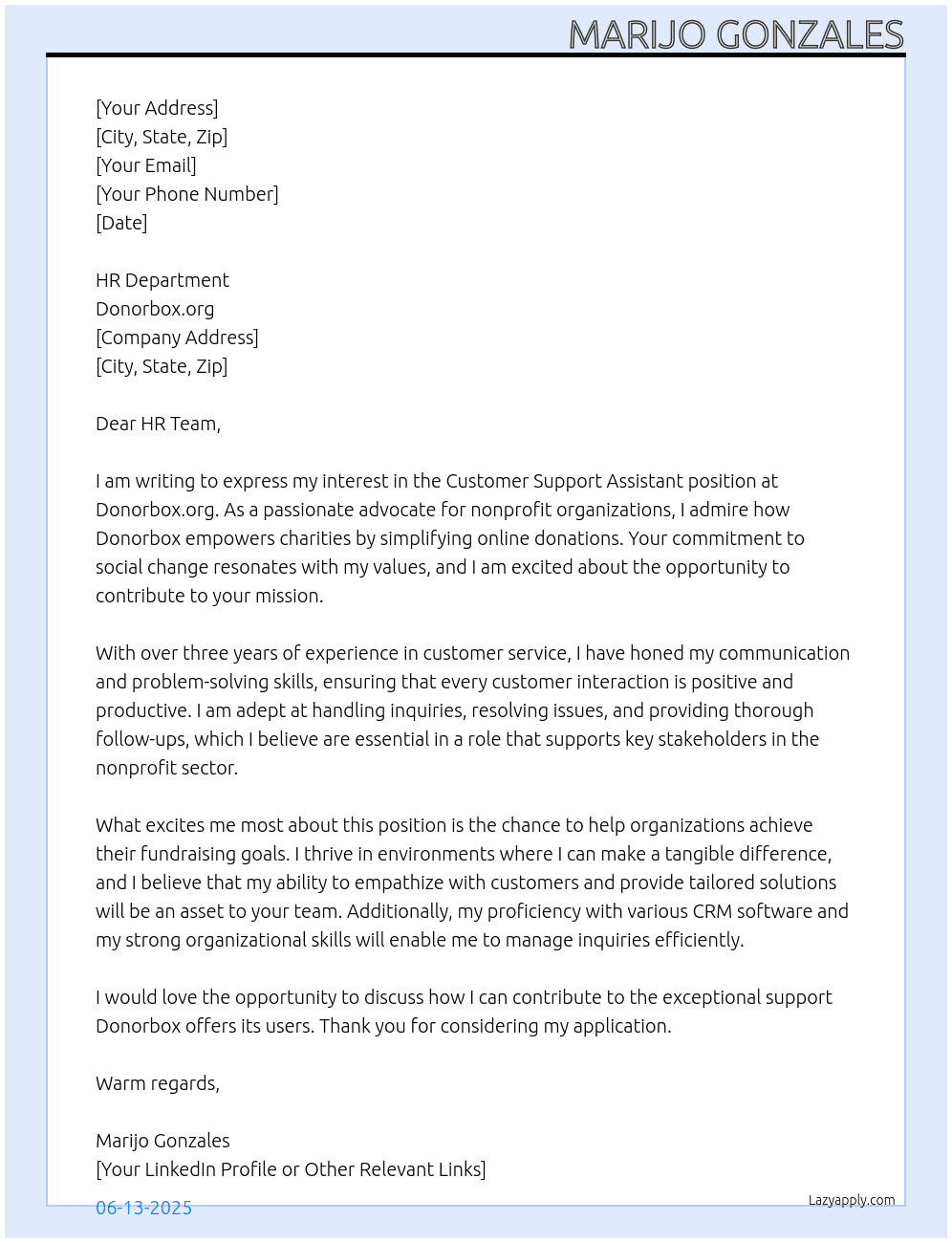 Customer Support Assistant  At Donorbox. Org Cover Letter