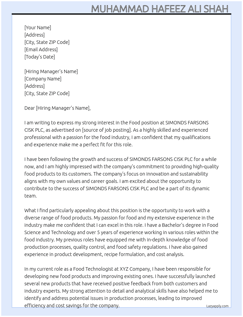 Food  At SIMONDS FARSONS CISK PLC Cover Letter