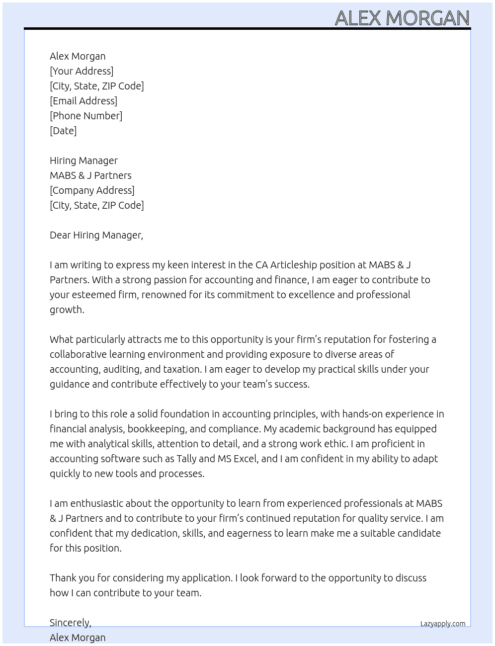 Cover letter for ca articleship - LazyApply