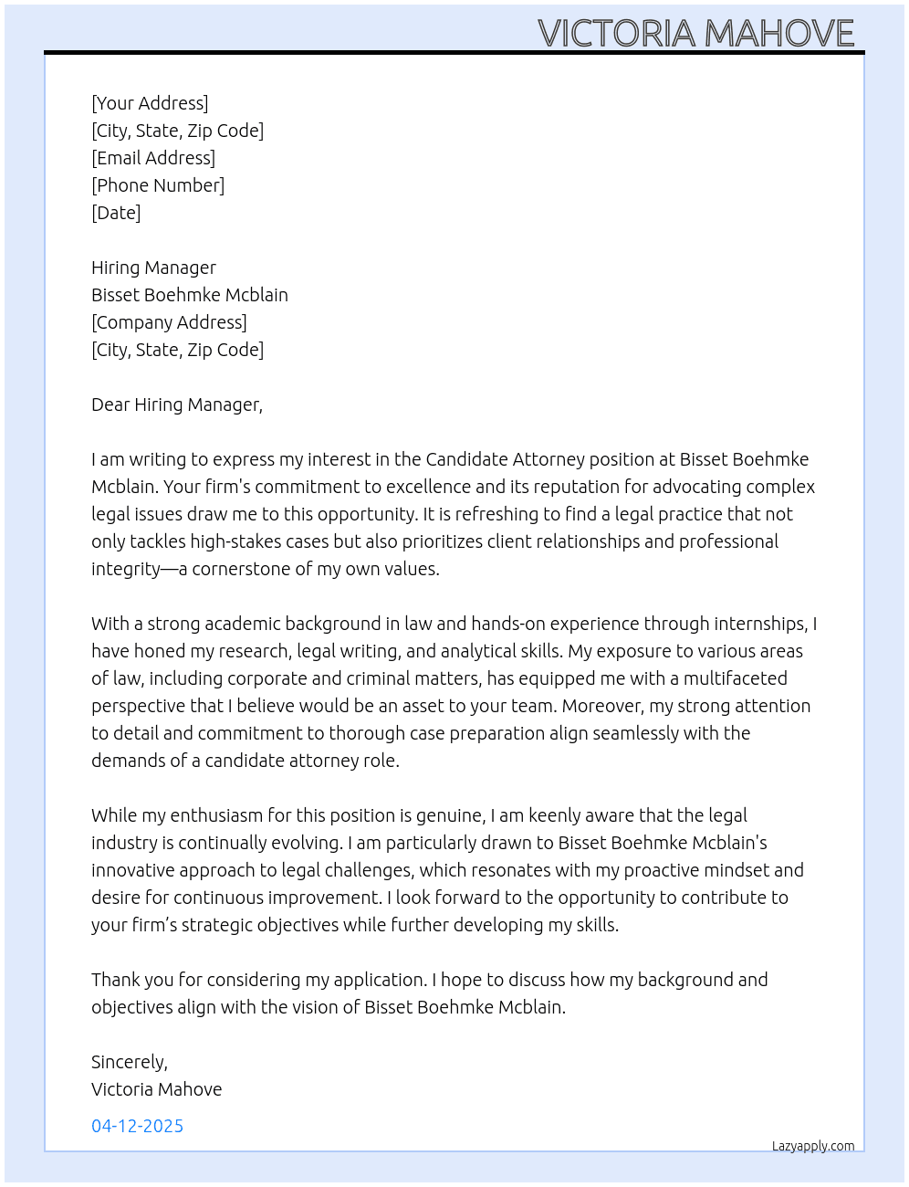candidate attorney  At Bisset Boehmke Mcblain Cover Letter