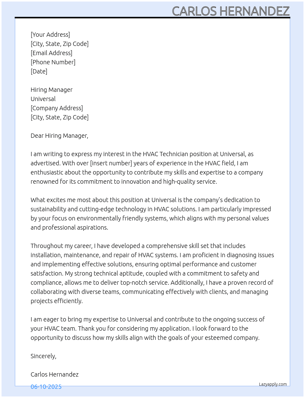 HVAC TECHNICIAN At Universal  Cover Letter