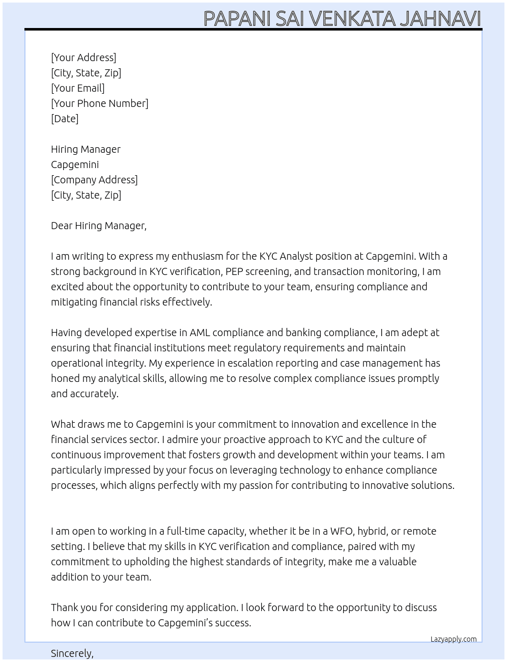 Cover letter for kyc analyst - LazyApply