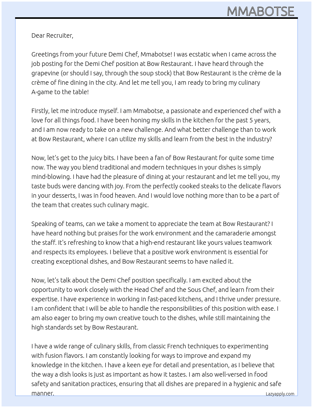 Demi chef At Bow restaurant Cover Letter