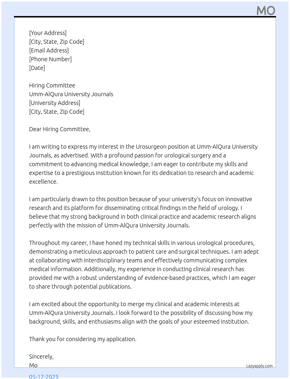 Urosurgeon At Umm-AlQura University Journals Cover Letter