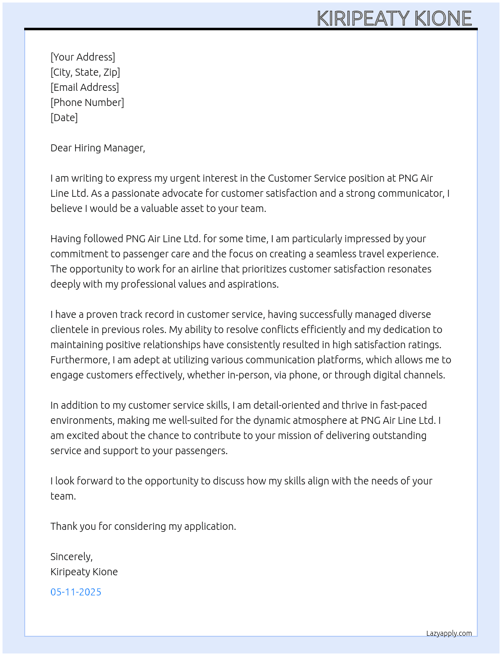 Applying for a customer service  At PNG Air line Ltd Cover Letter