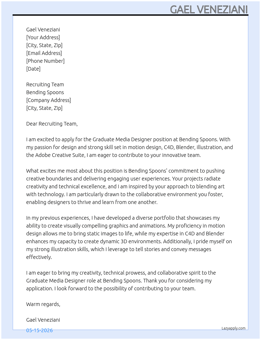 Graduate Media Designer At Bending Spoons Cover Letter